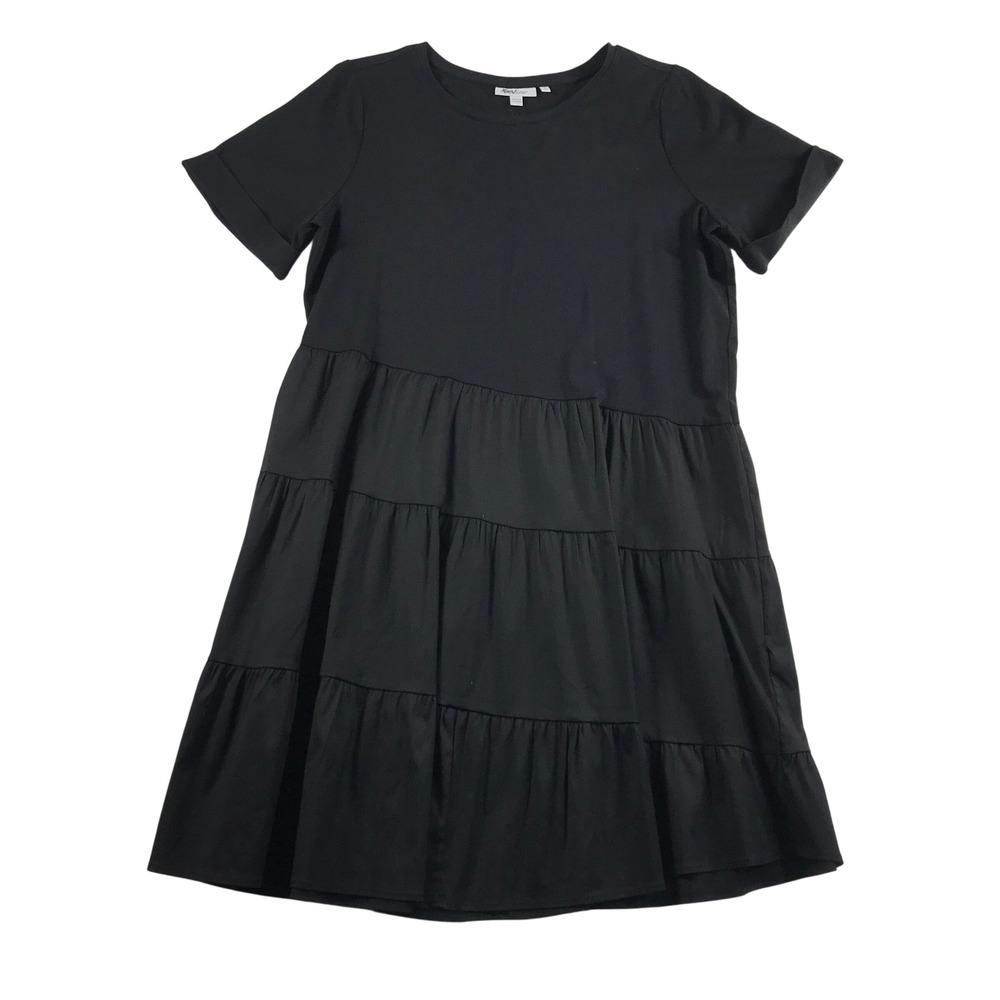 Chicos Black Asym Tier Knit Woven Dress‎ Short Sleeve Crew Neck Size 2 L NEW
